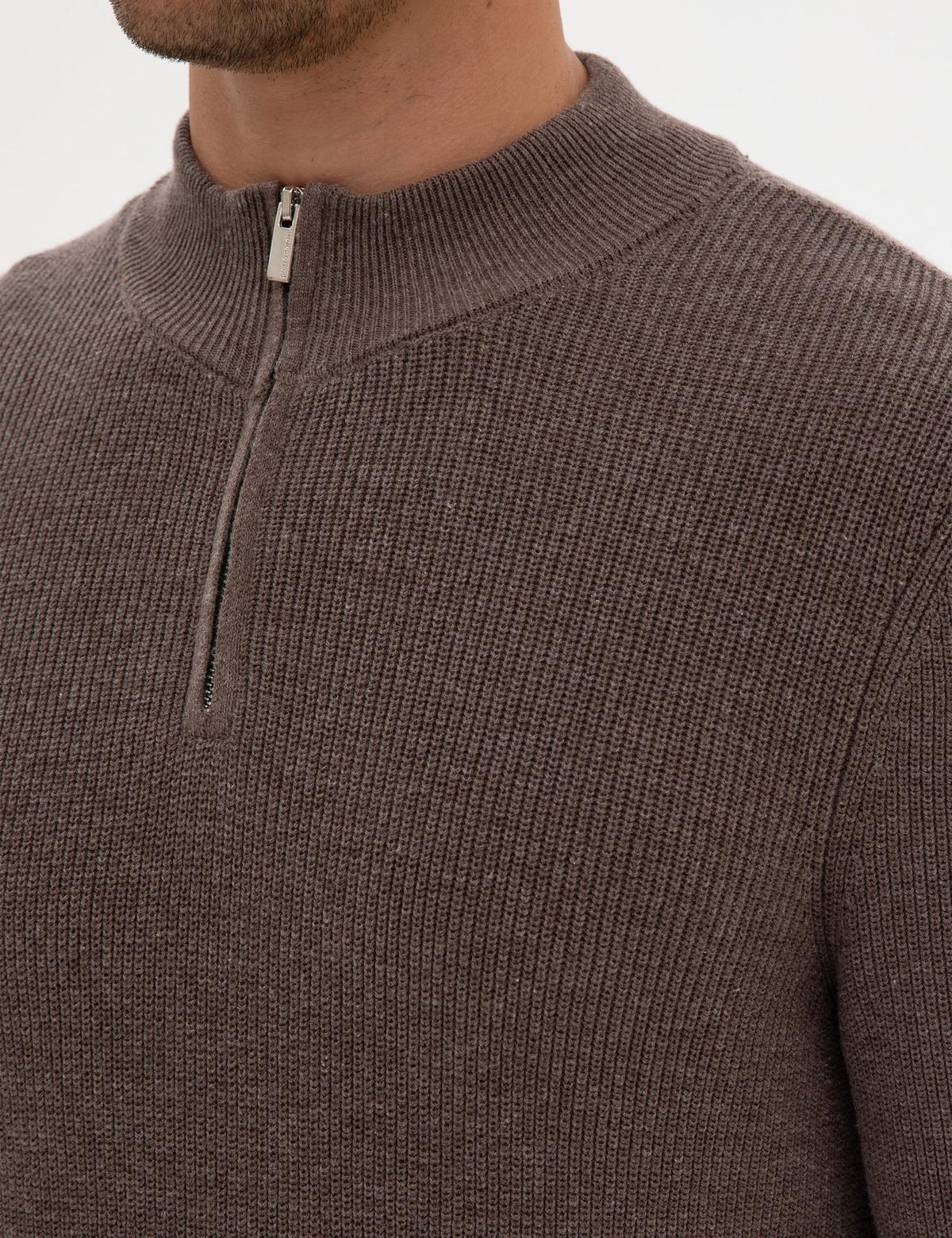 Vizon Melanj Slim Fit Dik Yaka Fermuarlı Triko Kazak - 50317363039