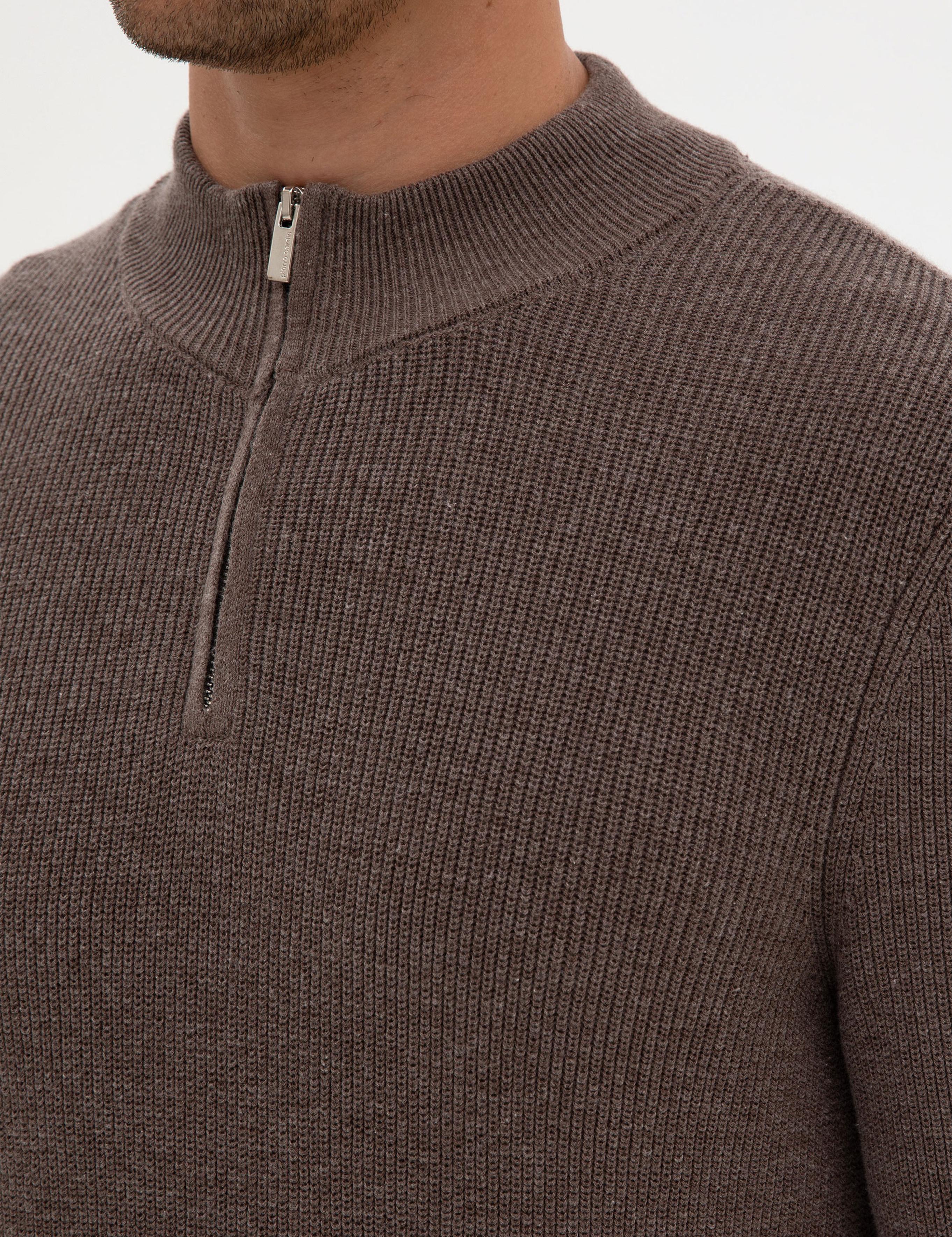 Vizon Melanj Slim Fit Dik Yaka Fermuarlı Triko Kazak