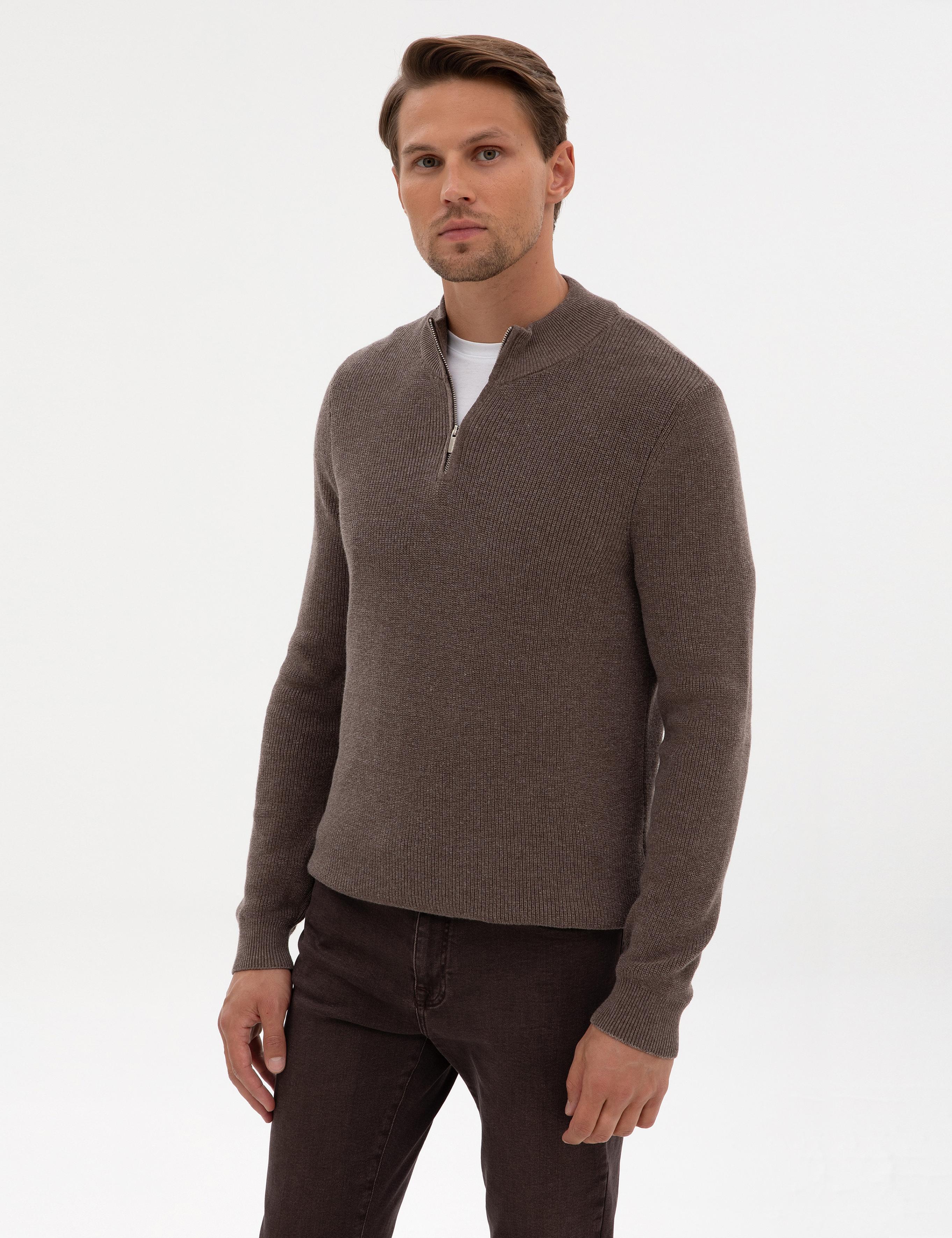 Vizon Melanj Slim Fit Dik Yaka Fermuarlı Triko Kazak