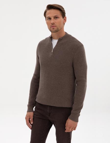 Vizon Melanj Slim Fit Dik Yaka Fermuarlı Triko Kazak - 50317363039