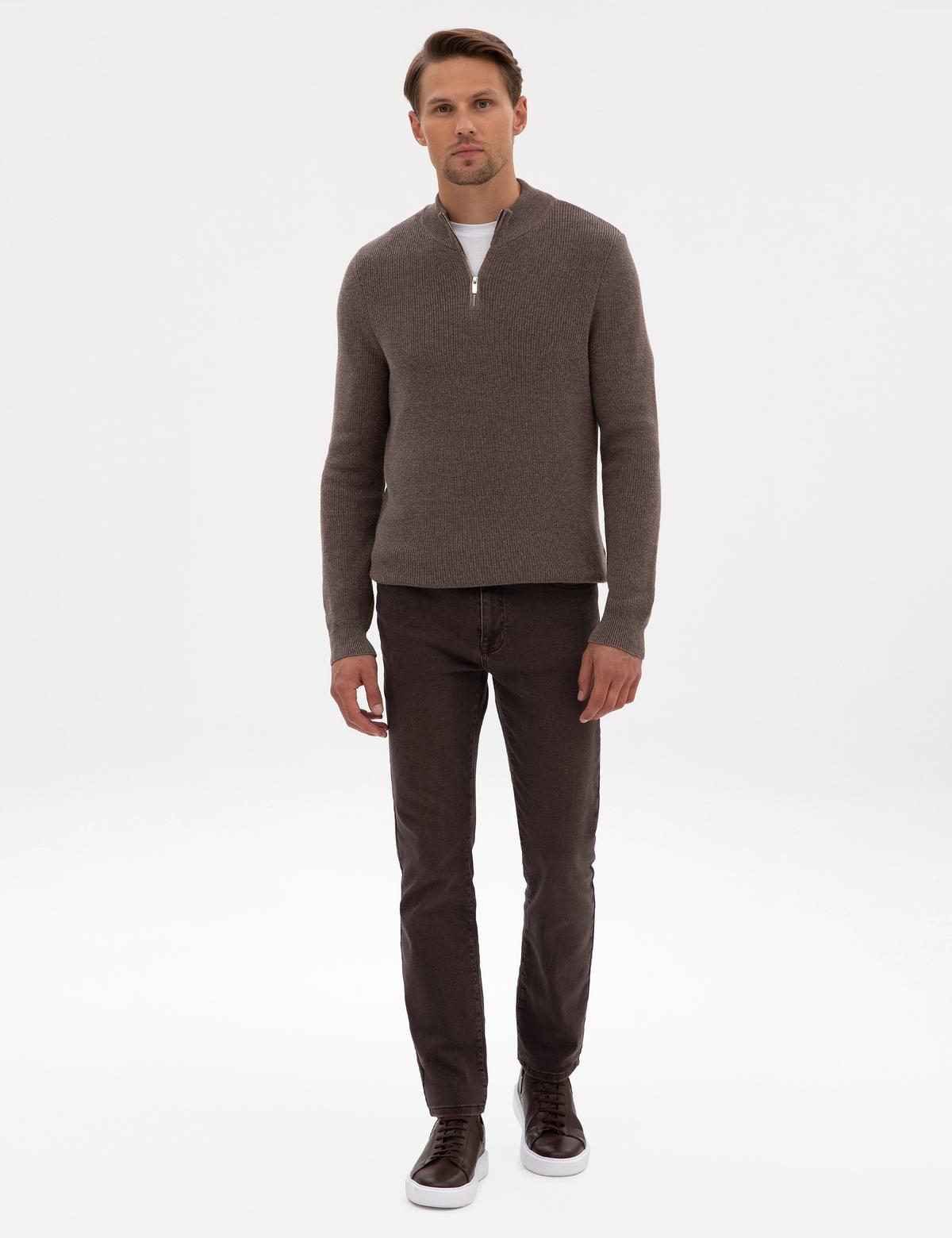 Vizon Melanj Slim Fit Dik Yaka Fermuarlı Triko Kazak - 50317363039