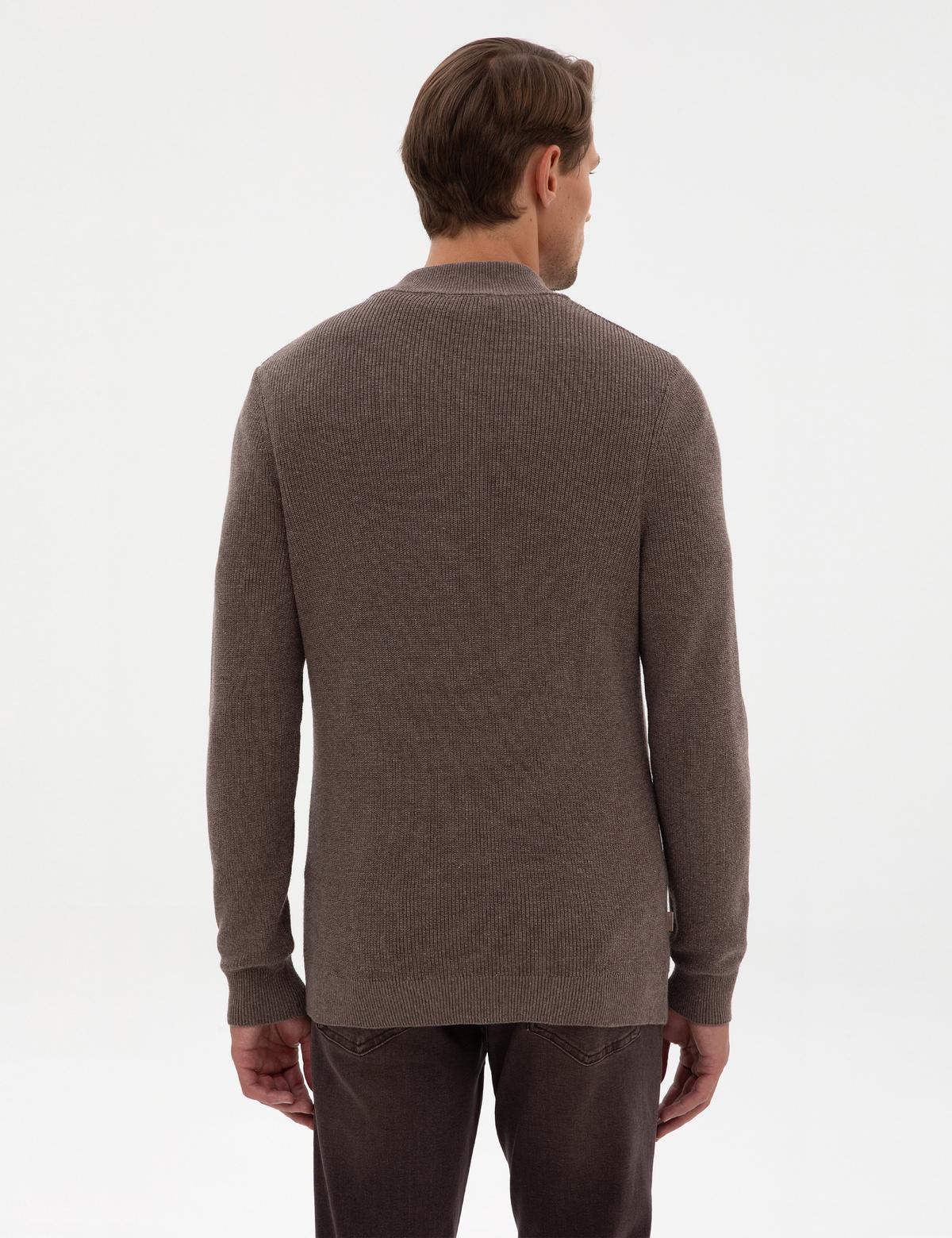 Vizon Melanj Slim Fit Dik Yaka Fermuarlı Triko Kazak - 50317363039