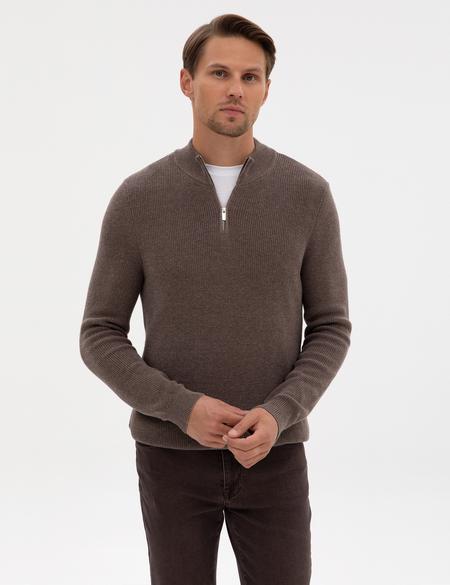 Vizon Melanj Slim Fit Dik Yaka Fermuarlı Triko Kazak - 50317363039