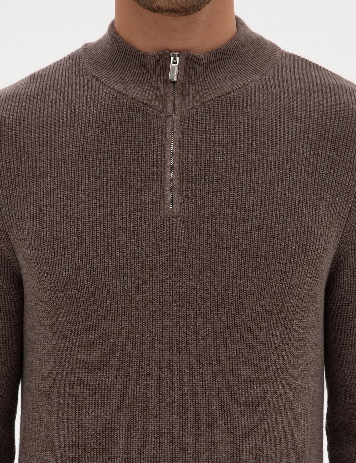 Vizon Melanj Slim Fit Dik Yaka Fermuarlı Triko Kazak - 50317363039