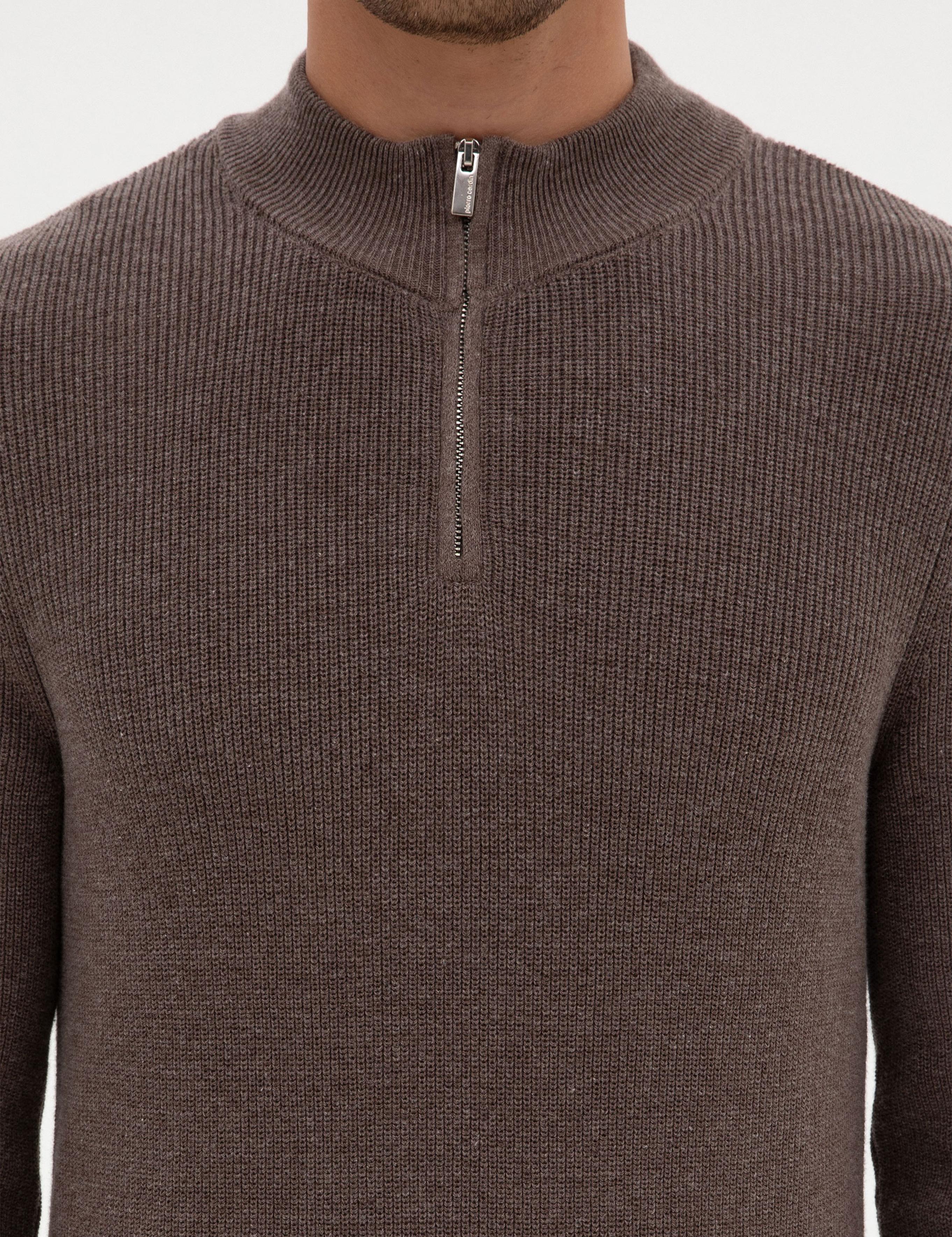 Vizon Melanj Slim Fit Dik Yaka Fermuarlı Triko Kazak