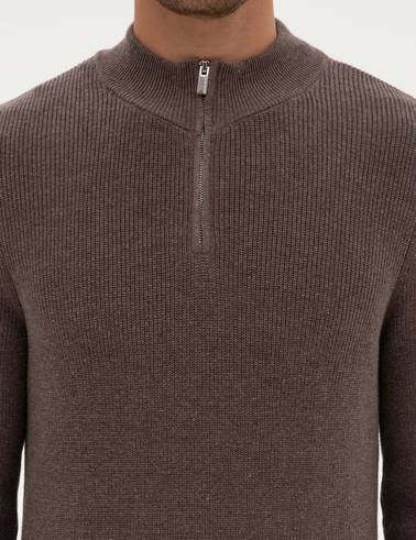 Vizon Melanj Slim Fit Dik Yaka Fermuarlı Triko Kazak