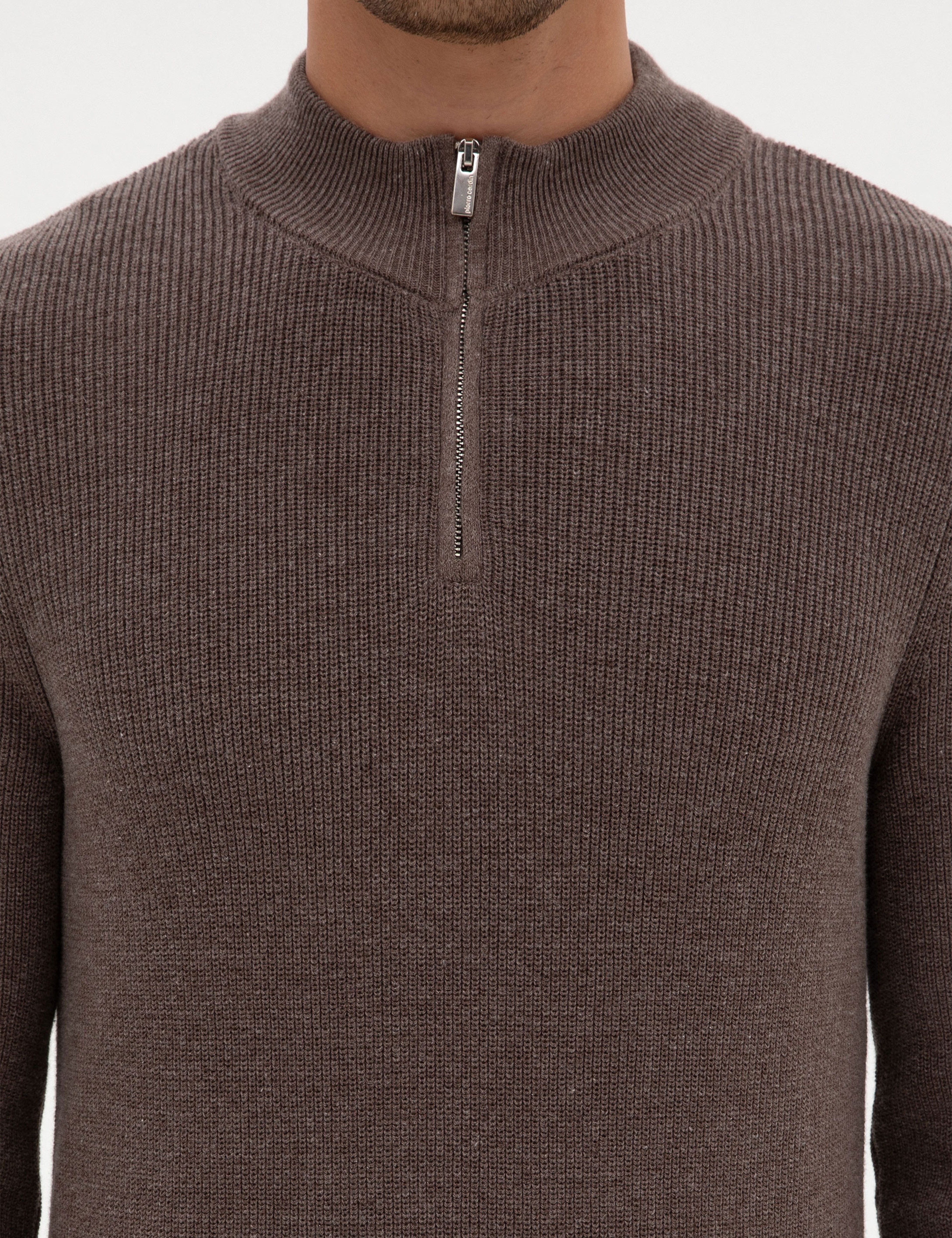 Vizon Melanj Slim Fit Dik Yaka Fermuarlı Triko Kazak - Image 6