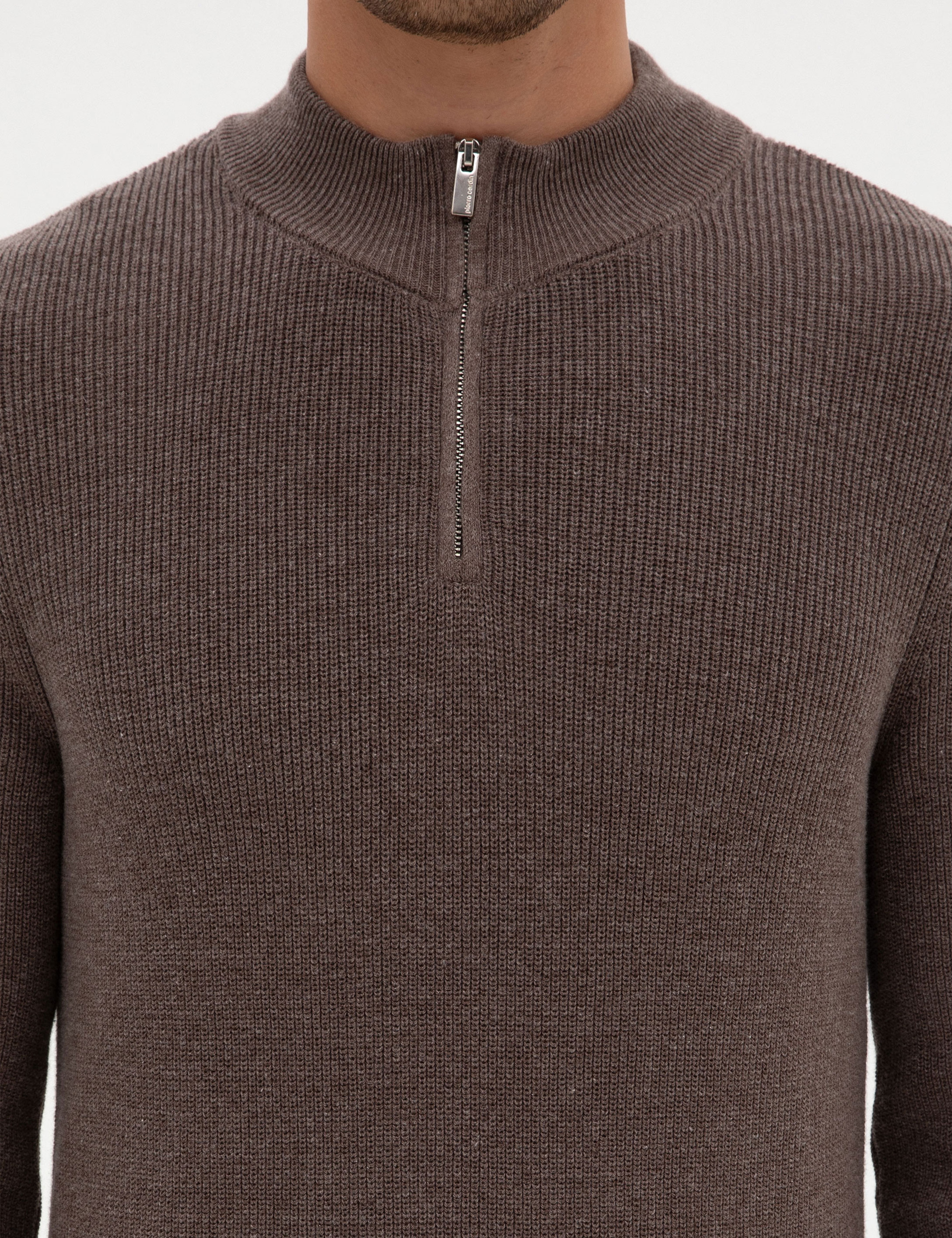 Vizon Melanj Slim Fit Dik Yaka Fermuarlı Triko Kazak