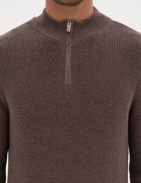 Vizon Melanj Slim Fit Dik Yaka Fermuarlı Triko Kazak - 50317363039