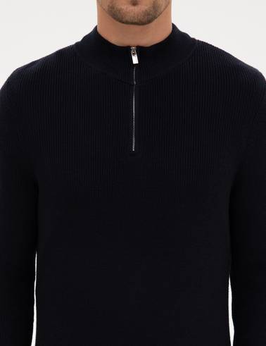 Lacivert Slim Fit Dik Yaka Fermuarlı Triko Kazak
