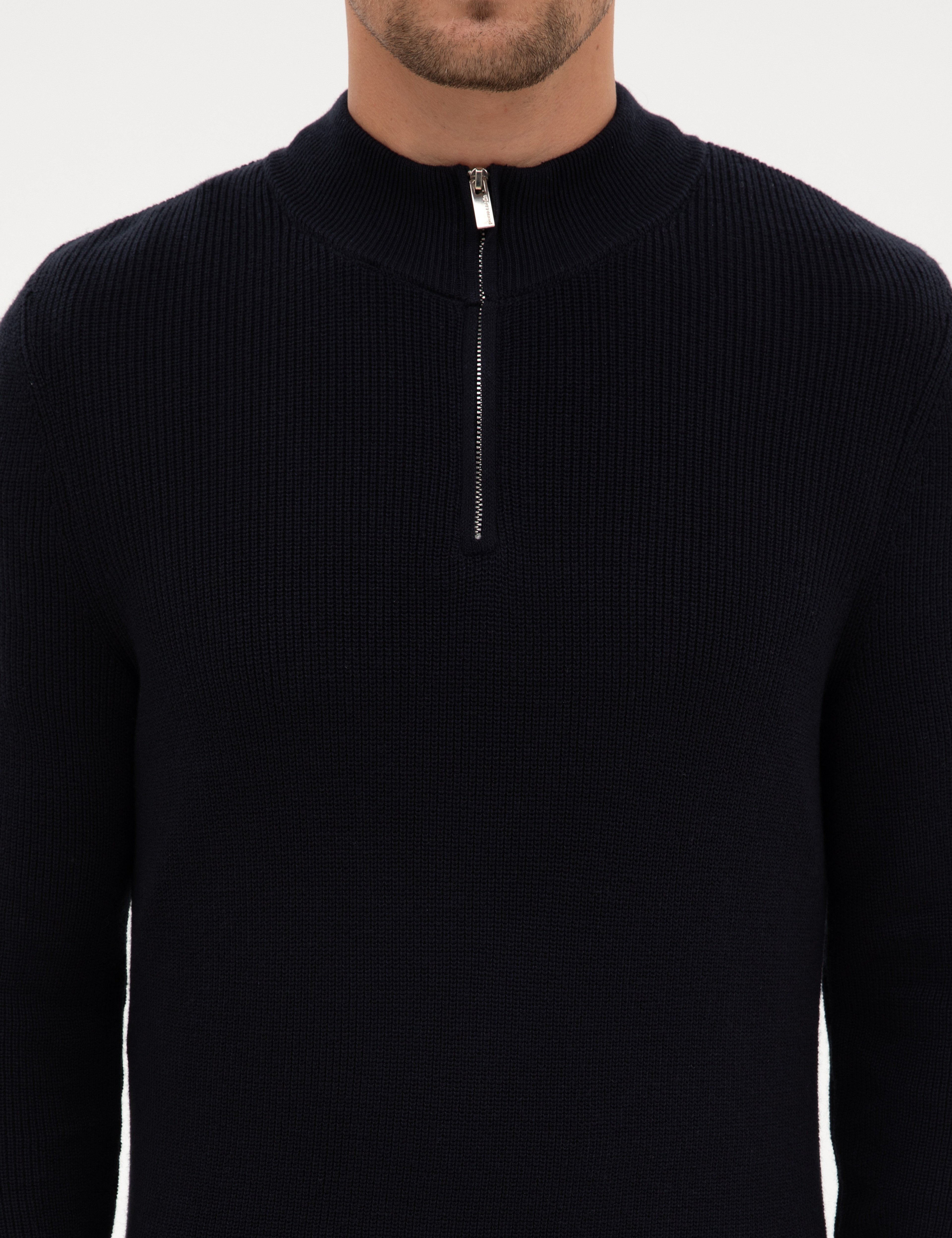 Lacivert Slim Fit Dik Yaka Fermuarlı Triko Kazak