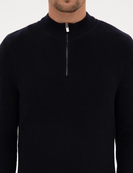 Lacivert Slim Fit Dik Yaka Fermuarlı Triko Kazak - 50317363017