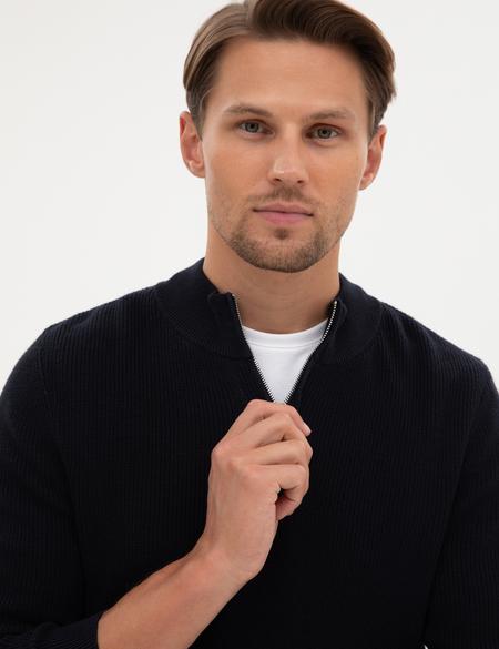 Lacivert Slim Fit Dik Yaka Fermuarlı Triko Kazak - 50317363017