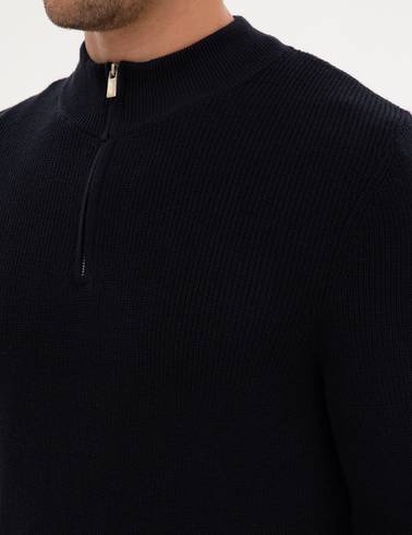 Lacivert Slim Fit Dik Yaka Fermuarlı Triko Kazak