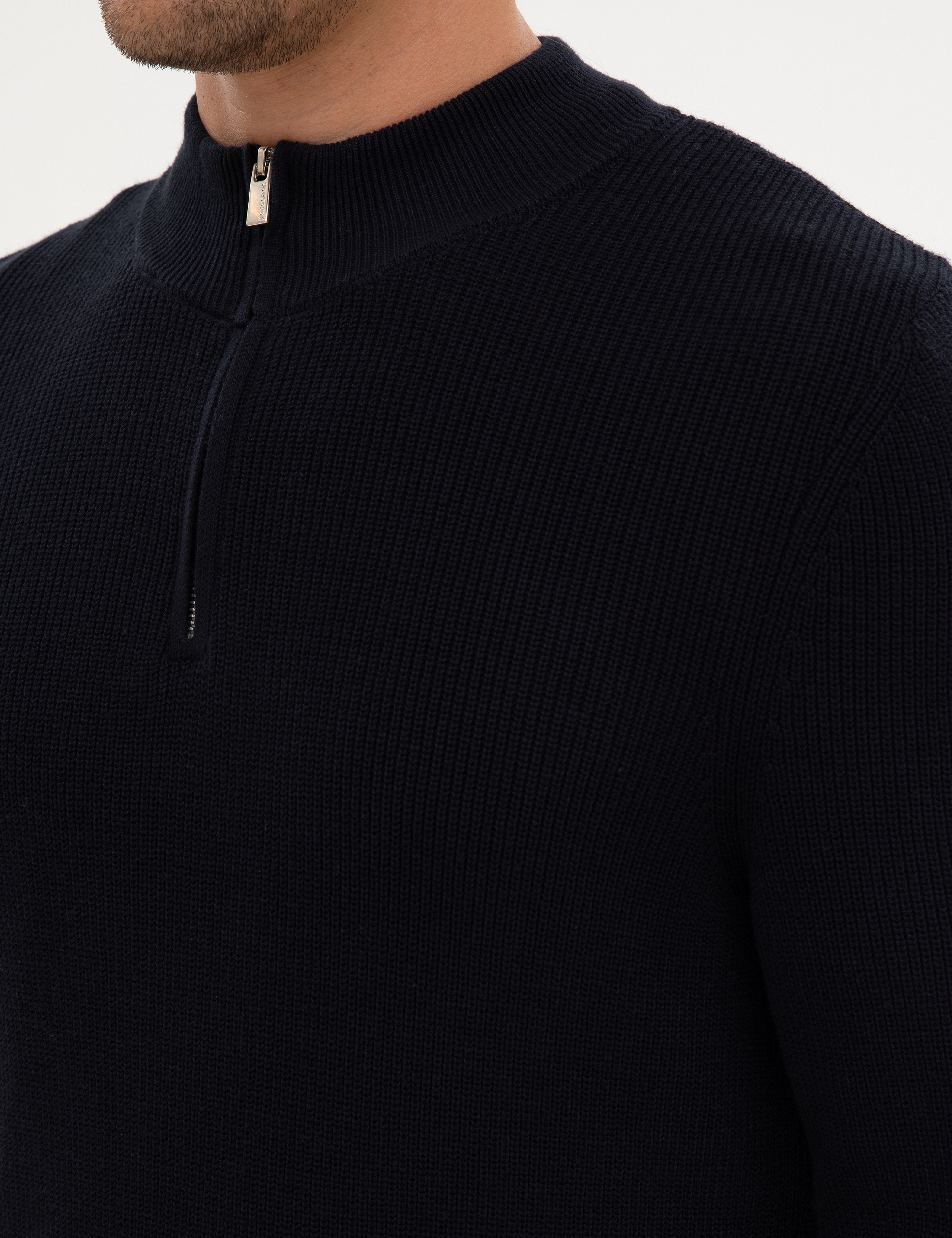 Lacivert Slim Fit Dik Yaka Fermuarlı Triko Kazak
