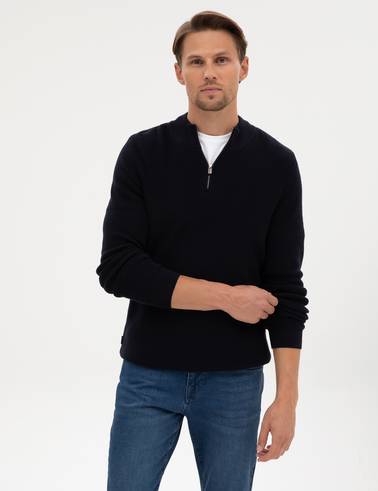 Lacivert Slim Fit Dik Yaka Fermuarlı Triko Kazak