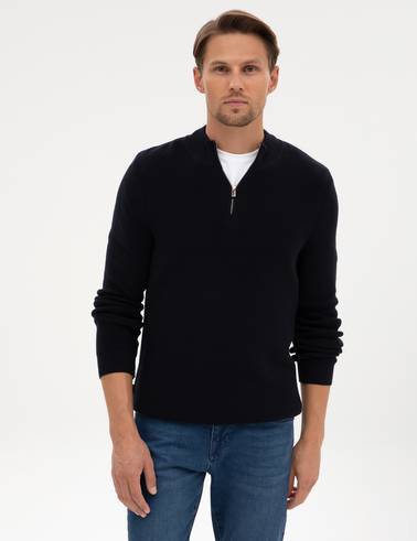 Lacivert Slim Fit Dik Yaka Fermuarlı Triko Kazak