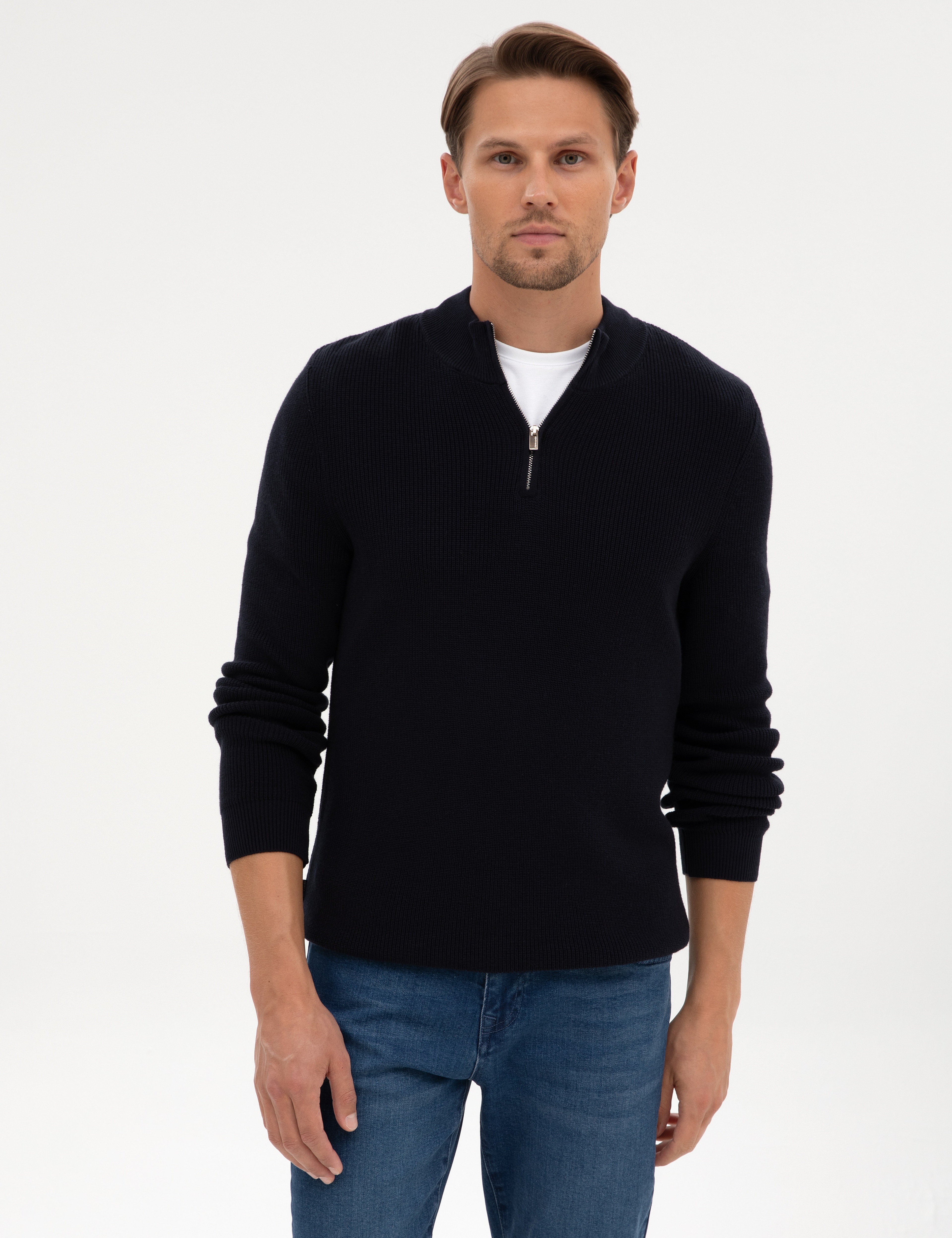 Lacivert Slim Fit Dik Yaka Fermuarlı Triko Kazak - Image 1