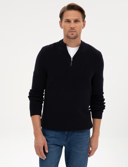 Lacivert Slim Fit Dik Yaka Fermuarlı Triko Kazak - 50317363017