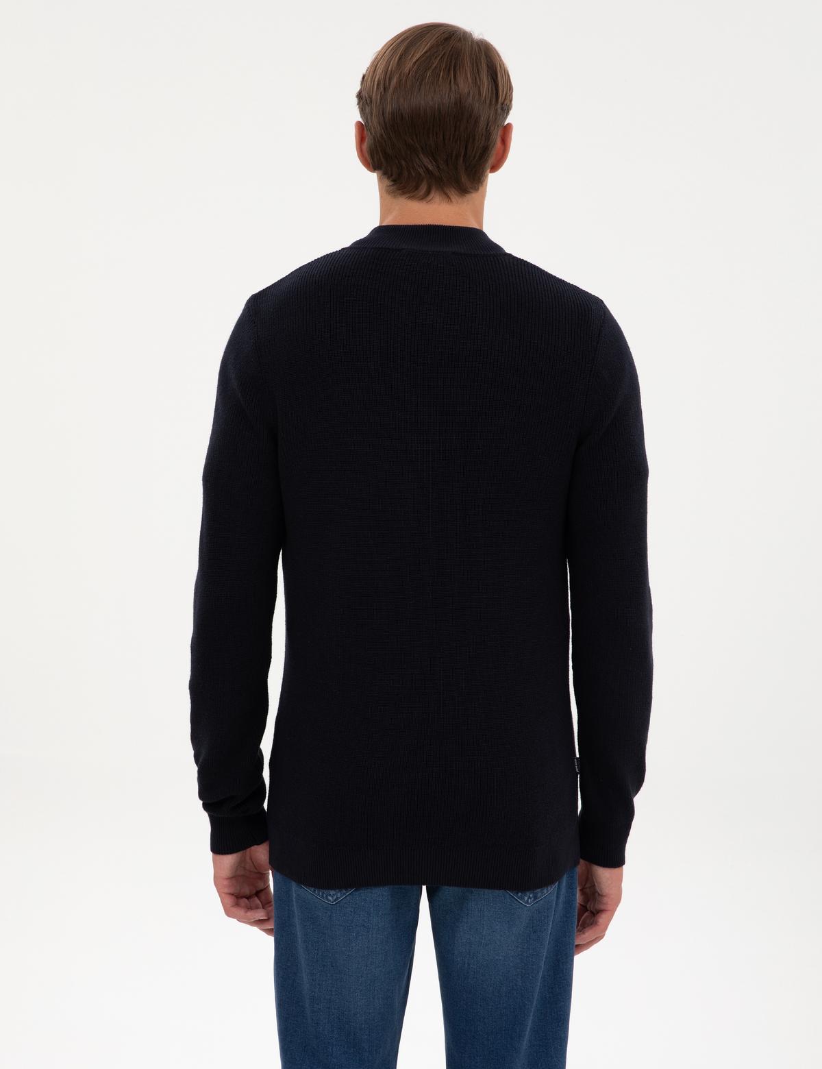 Lacivert Slim Fit Dik Yaka Fermuarlı Triko Kazak - 50317363017