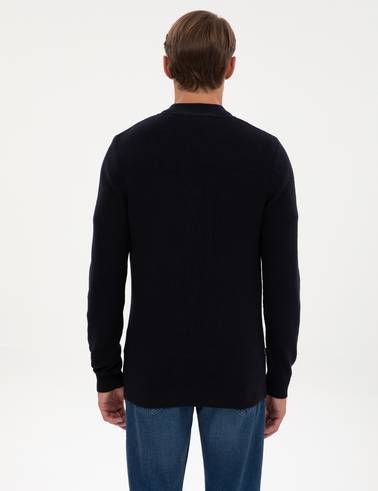Lacivert Slim Fit Dik Yaka Fermuarlı Triko Kazak