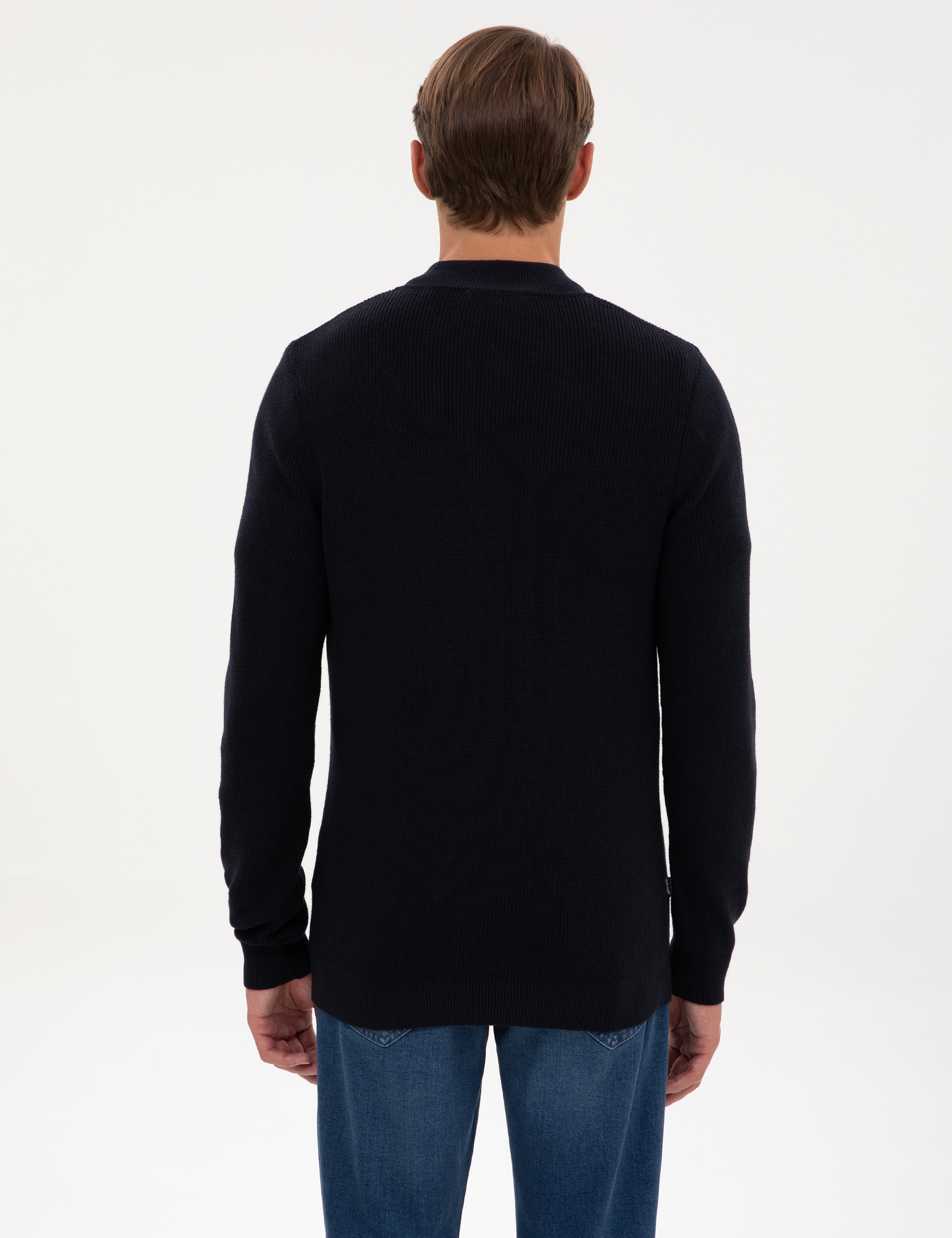 Lacivert Slim Fit Dik Yaka Fermuarlı Triko Kazak - Image 5