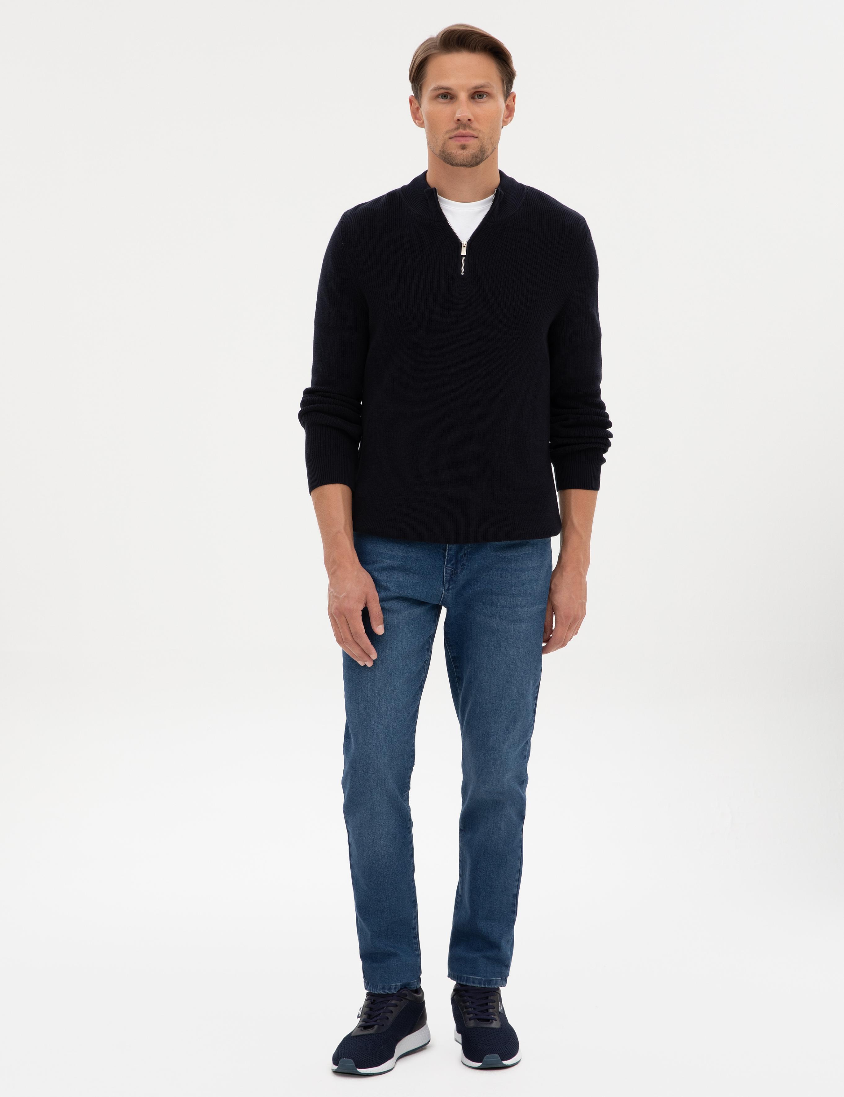 Lacivert Slim Fit Dik Yaka Fermuarlı Triko Kazak