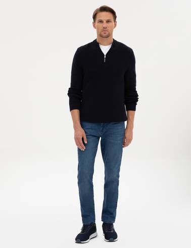 Lacivert Slim Fit Dik Yaka Fermuarlı Triko Kazak