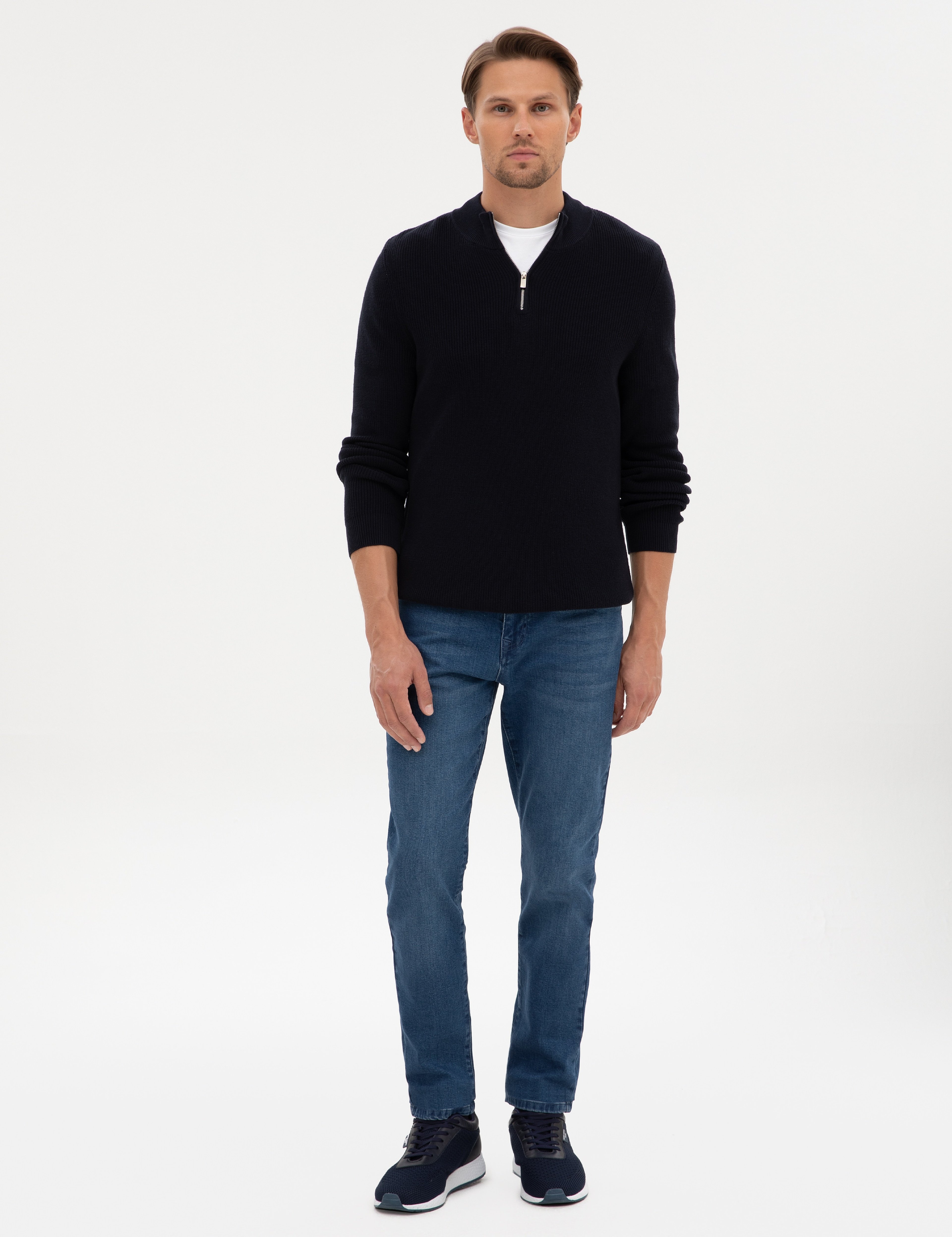 Lacivert Slim Fit Dik Yaka Fermuarlı Triko Kazak