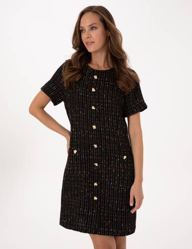 Siyah Regular Fit Tüvit Dokuma Elbise