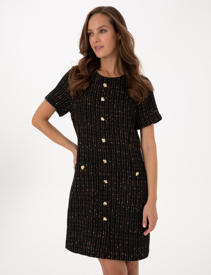 Siyah Regular Fit Tüvit Dokuma Elbise