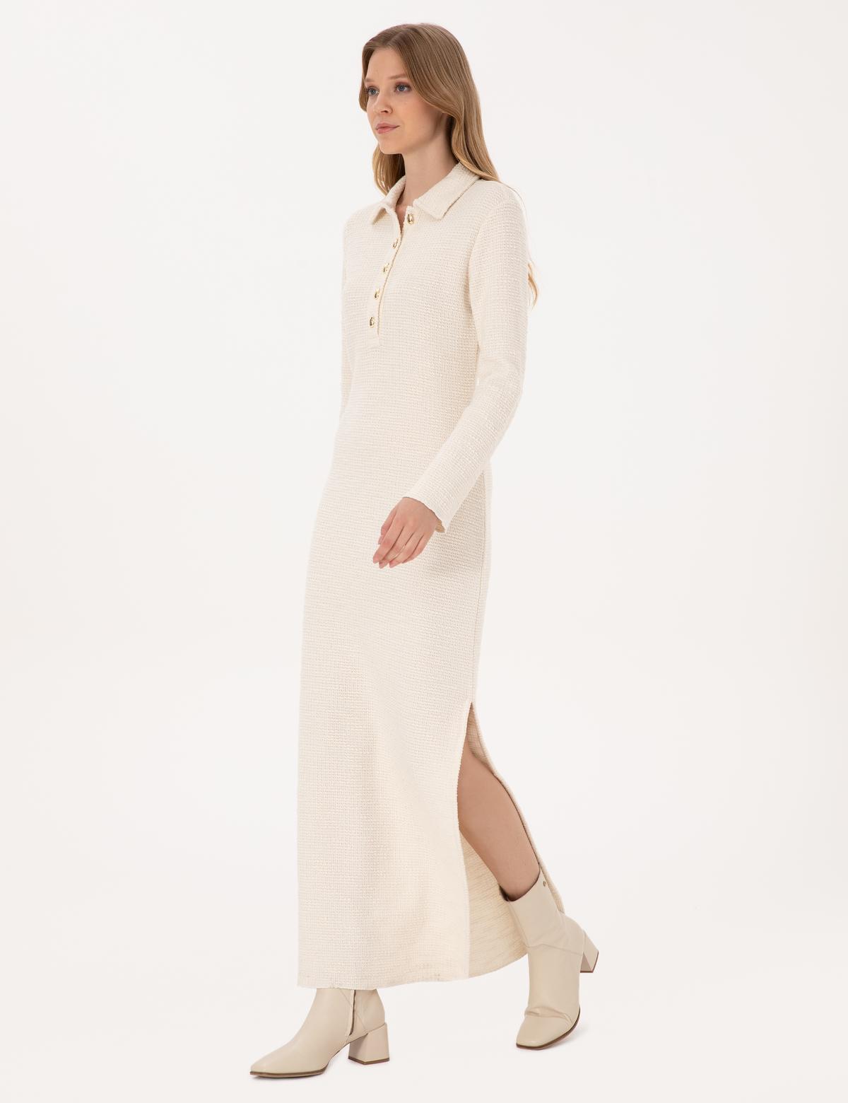 Ekru Slim Fit Polo Yaka Örme Elbise - 50315269008
