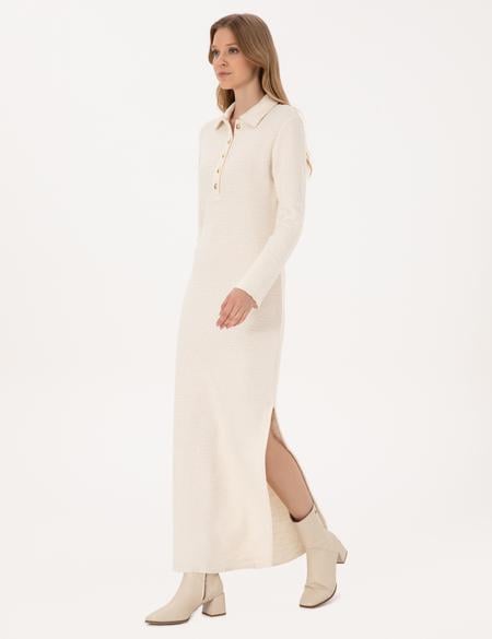 Ekru Slim Fit Polo Yaka Örme Elbise - 50315269008