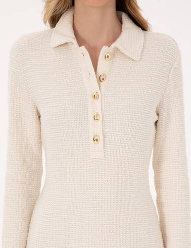 Ekru Slim Fit Polo Yaka Örme Elbise