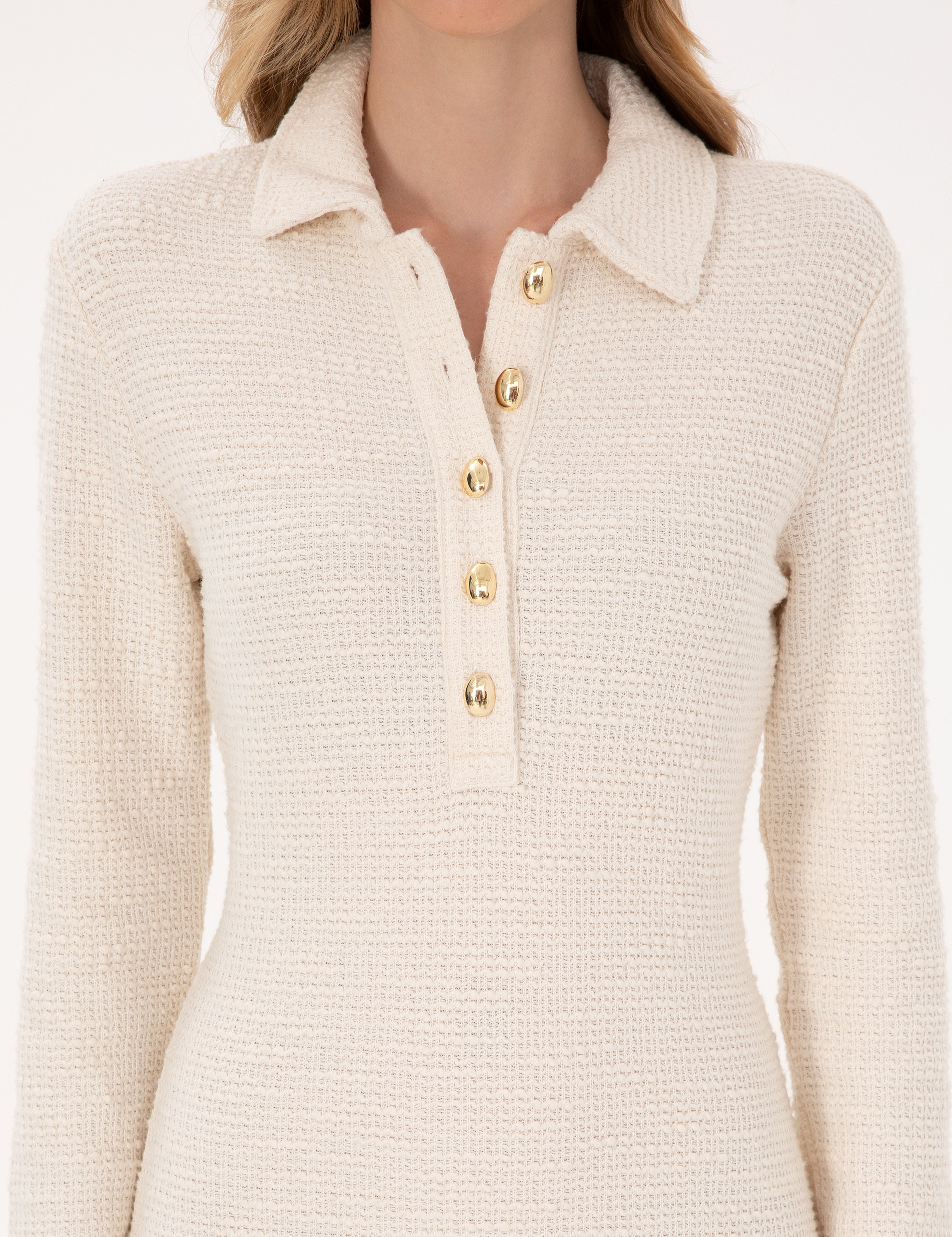 Ekru Slim Fit Polo Yaka Örme Elbise - Image 5
