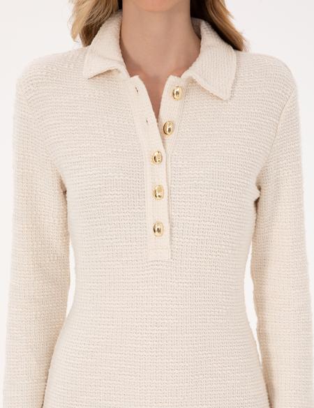 Ekru Slim Fit Polo Yaka Örme Elbise - 50315269008