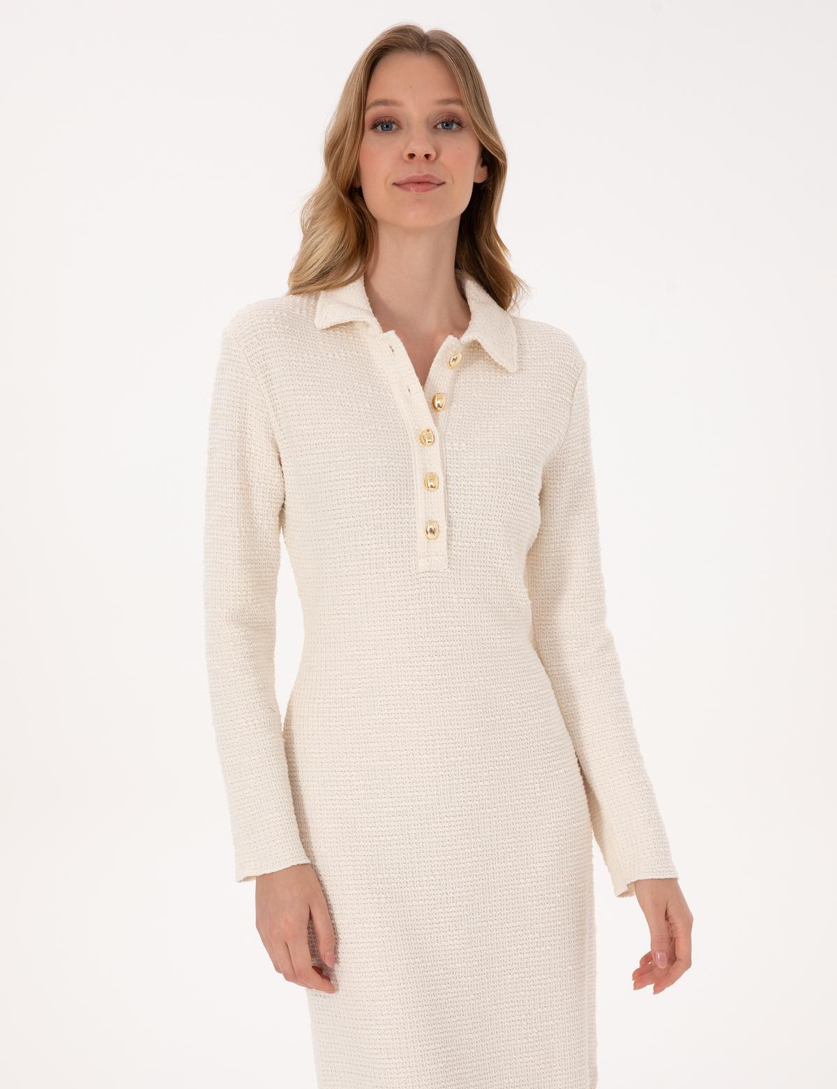 Ekru Slim Fit Polo Yaka Örme Elbise - 50315269008