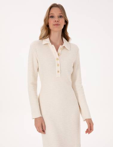 Ekru Slim Fit Polo Yaka Örme Elbise