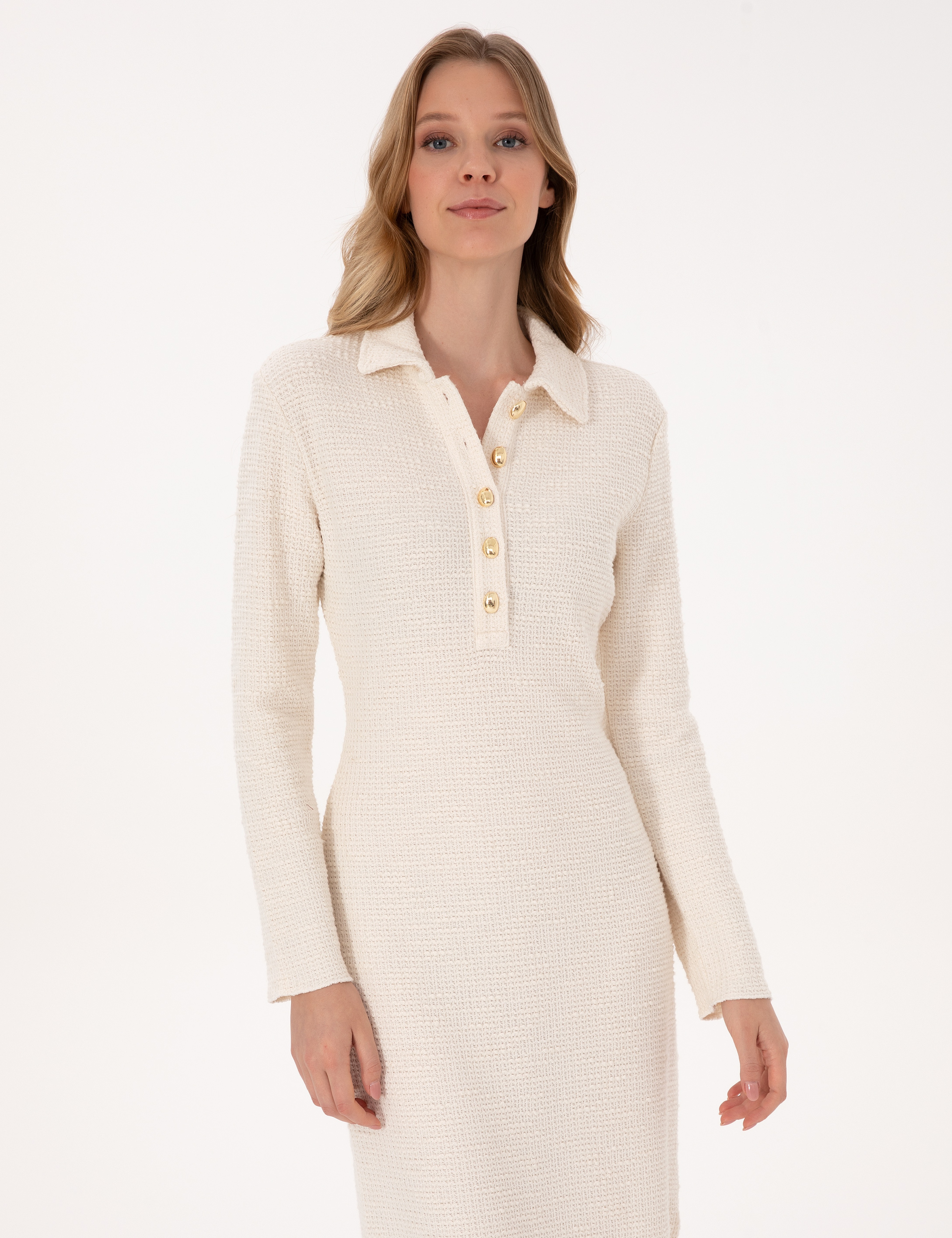 Ekru Slim Fit Polo Yaka Örme Elbise - Image 2