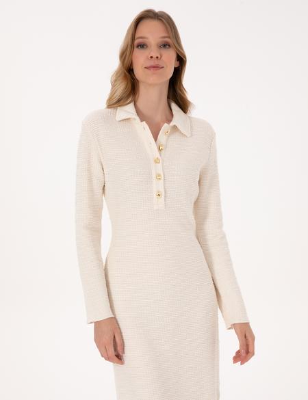 Ekru Slim Fit Polo Yaka Örme Elbise - 50315269008