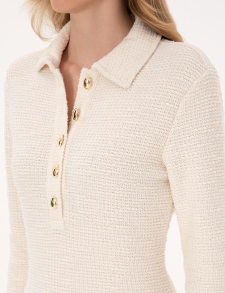 Ekru Slim Fit Polo Yaka Örme Elbise - 50315269008