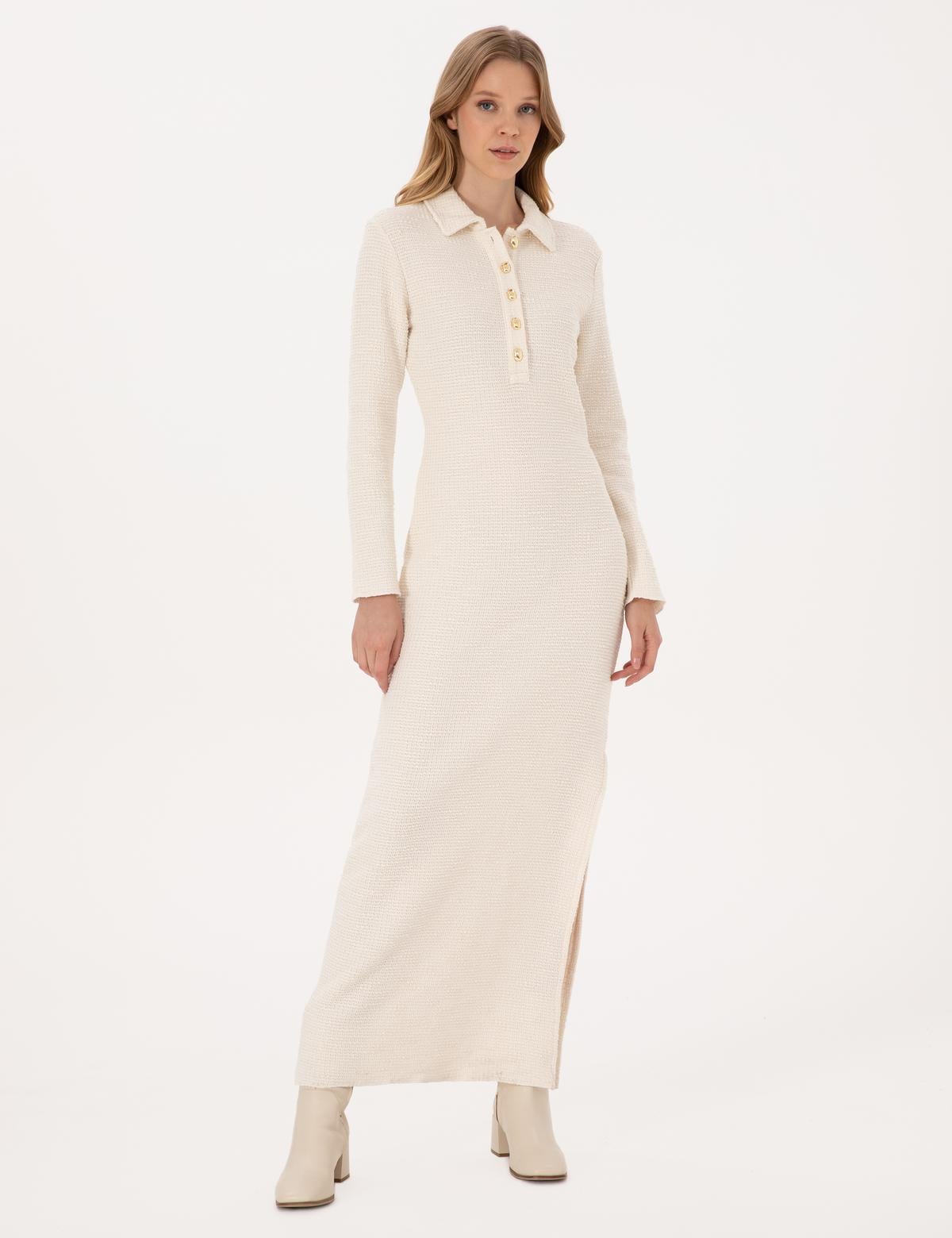 Ekru Slim Fit Polo Yaka Örme Elbise