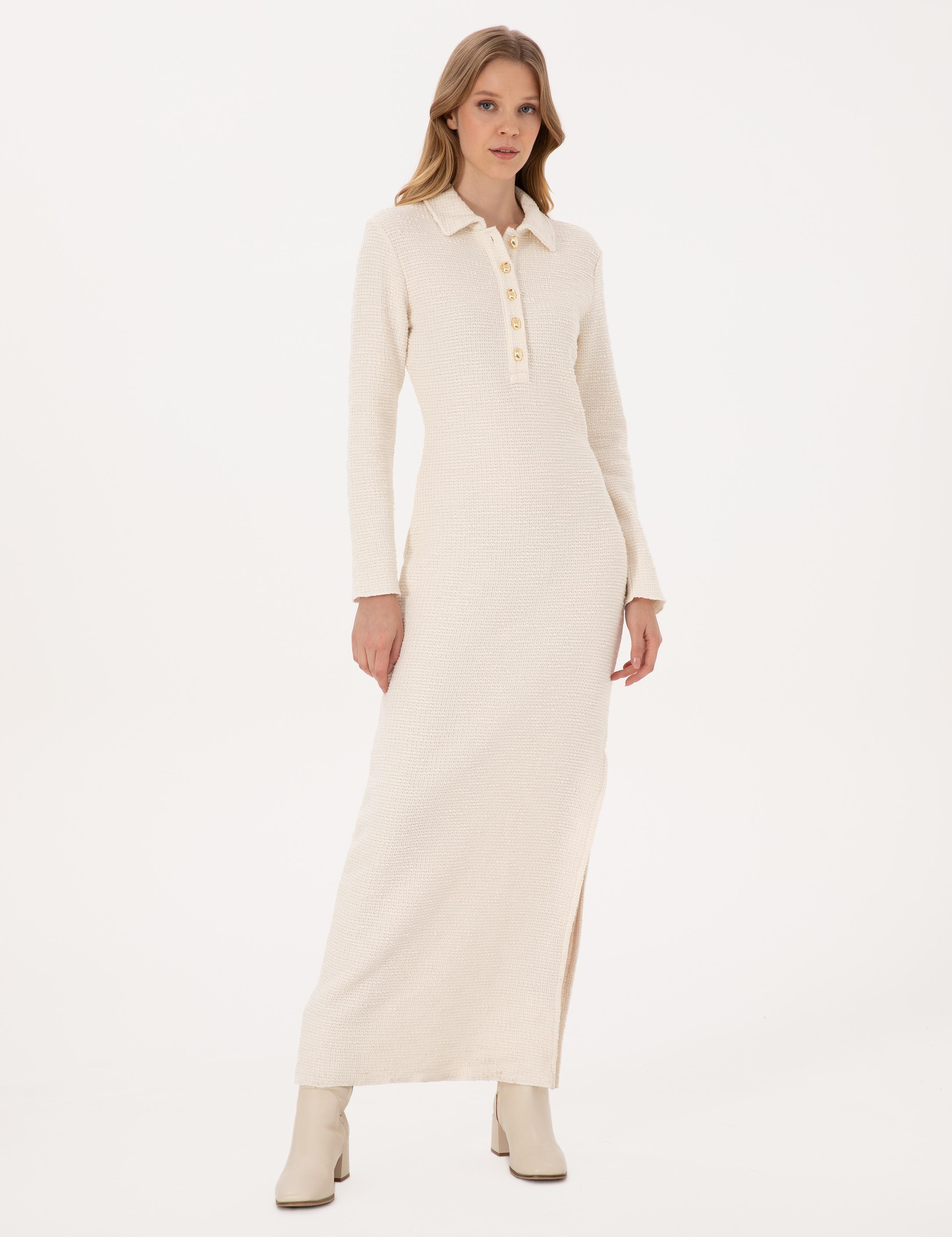 Ekru Slim Fit Polo Yaka Örme Elbise