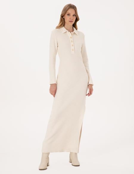 Ekru Slim Fit Polo Yaka Örme Elbise - 50315269008
