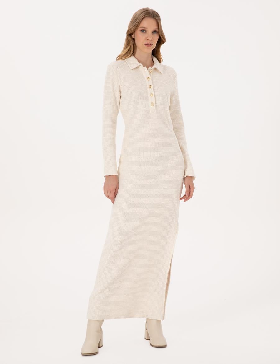 Ekru Slim Fit Polo Yaka Örme Elbise