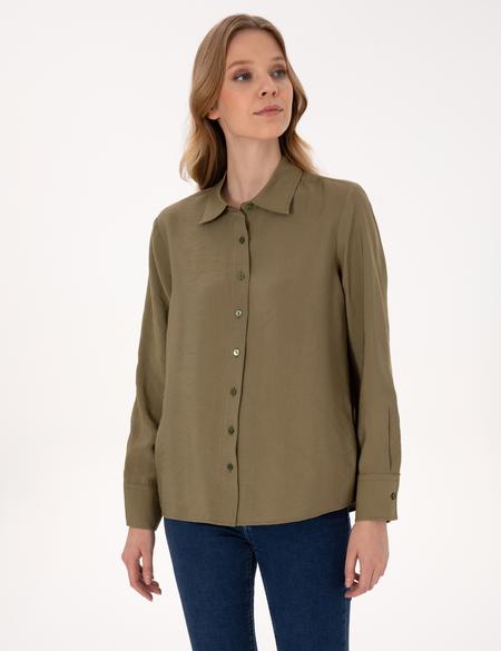 Haki Modal Karışımlı Comfort Fit Uzun Kollu Gömlek - 50318219009