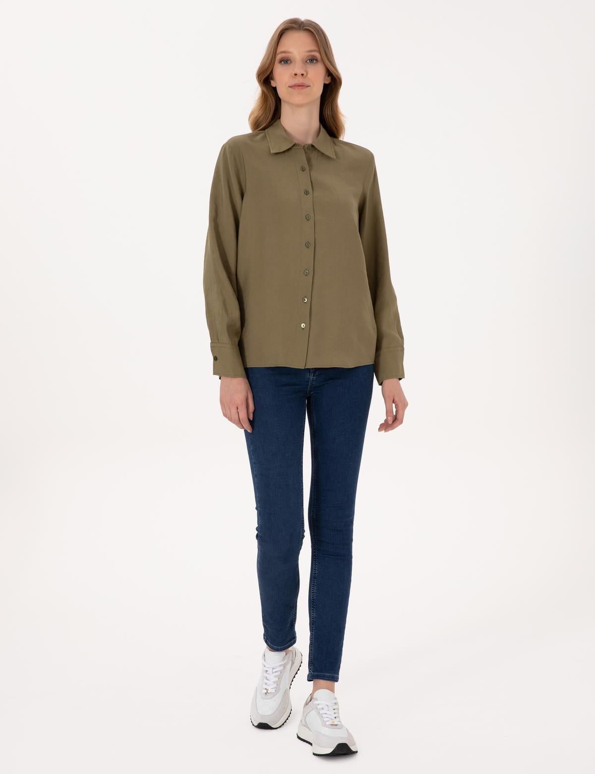 Haki Modal Karışımlı Comfort Fit Uzun Kollu Gömlek - 50318219009