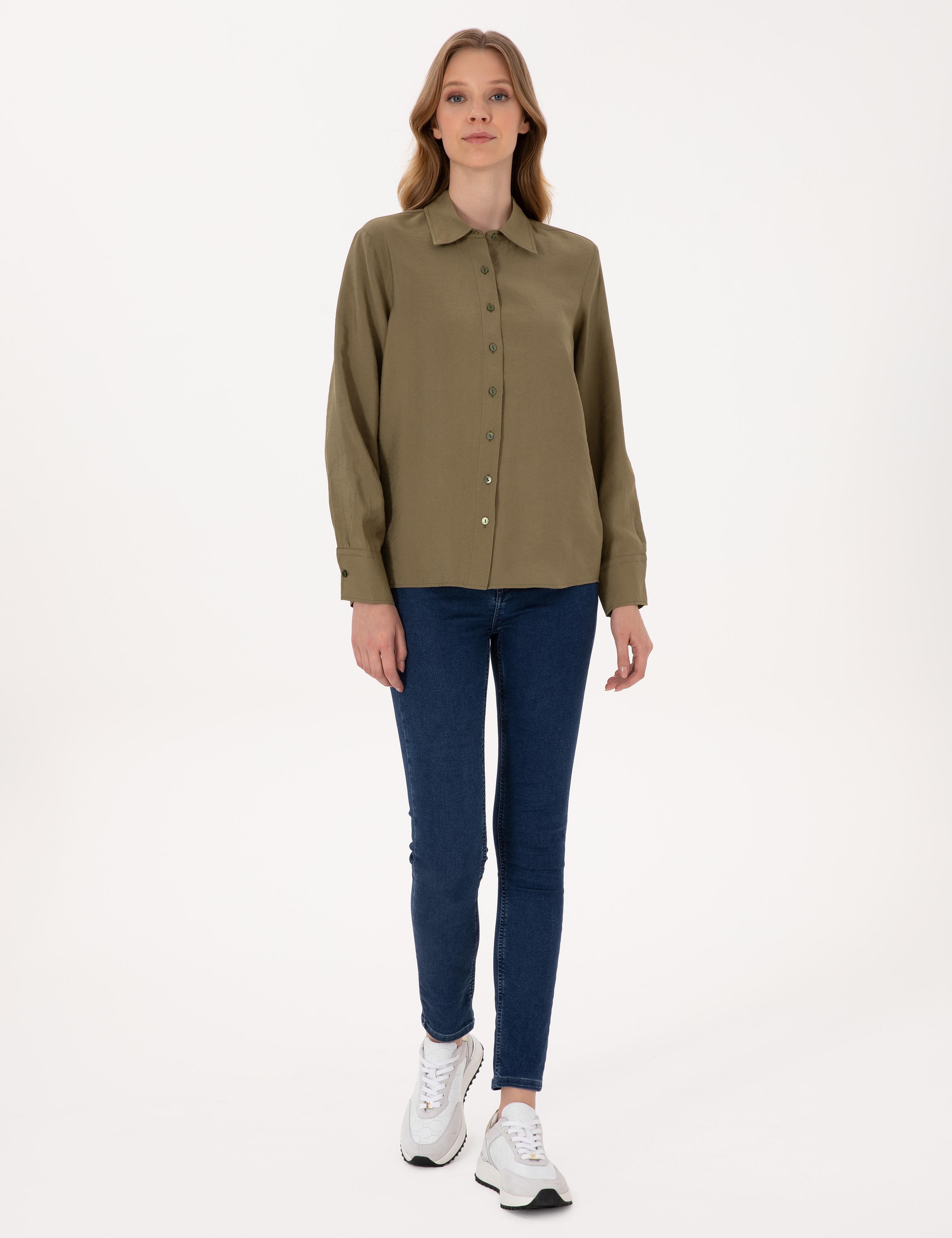 Haki Modal Karışımlı Comfort Fit Uzun Kollu Gömlek