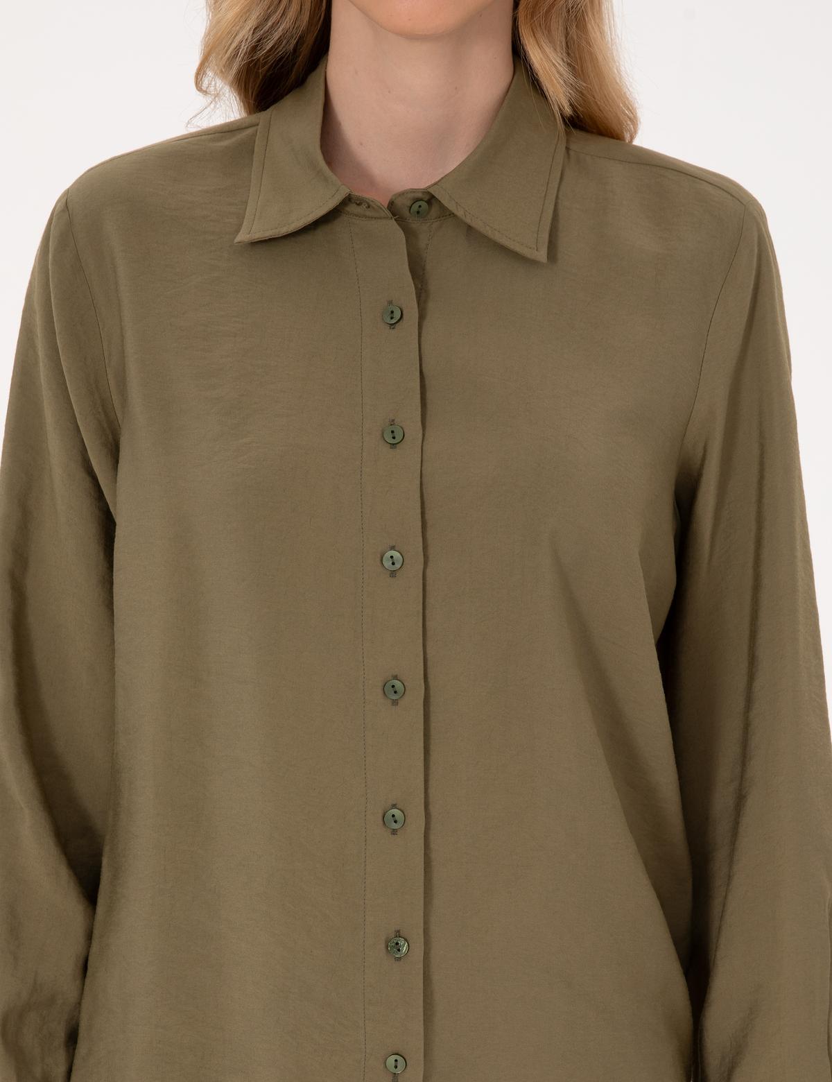 Haki Modal Karışımlı Comfort Fit Uzun Kollu Gömlek - 50318219009