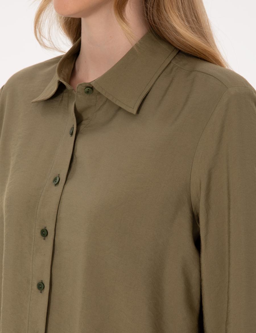 Haki Modal Karışımlı Comfort Fit Uzun Kollu Gömlek